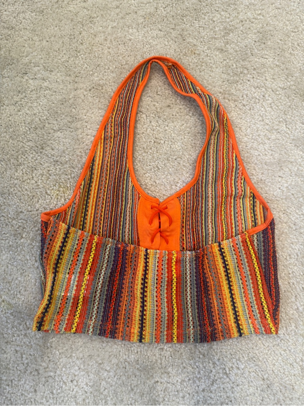SHEIN Orange Multi-Stripe Crochet Lace-Up Halter Camisole Tie front with beads L - Picture 10 of 11